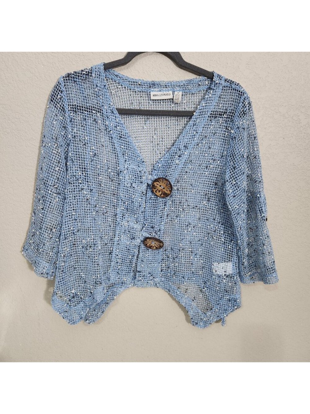 Nina Leonard Blue Mesh Open Knit Cardigan Wooden Buttons Asymmetrical Hem & 3/4